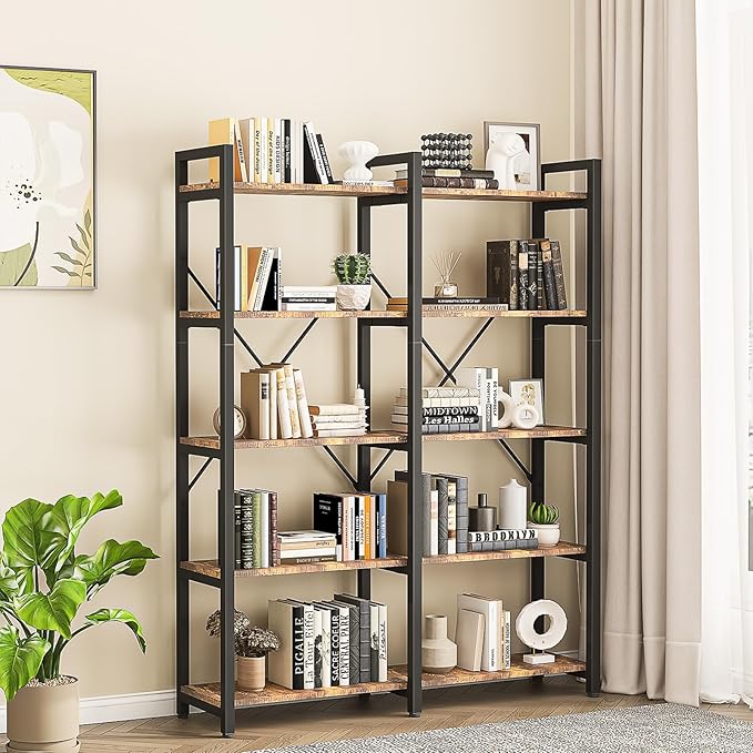 oneinmil 5 Tier Bookshelf Set of 2, 58.7'' Industrial Book Shelf, Wooden Bookshelves with 10 Open Display Shelves, Vintage Storage Rack, Standing Wide Bookcase for Home and Office, Rustic Brown