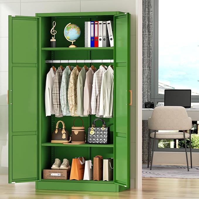 Greenvelly Metal Wardrobe Cabinet with Wooden Handle, 72" Metal Wardrobe Closet with Hanging Rods and Adjustable Shelves, Clothing Storage Closet Cabinet for Home, Office, Employee, Gym (Green)