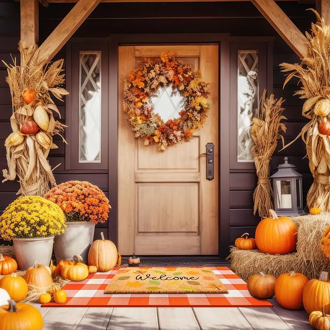 2 Pcs Thanksgiving Coir Doormat Outdoor Thanksgiving Maple Leave Welcome Outdoor Rugs for Layered Buffalo Orange White Plaid Mats for Autumn Fall Front Door Porch Entryway Decor