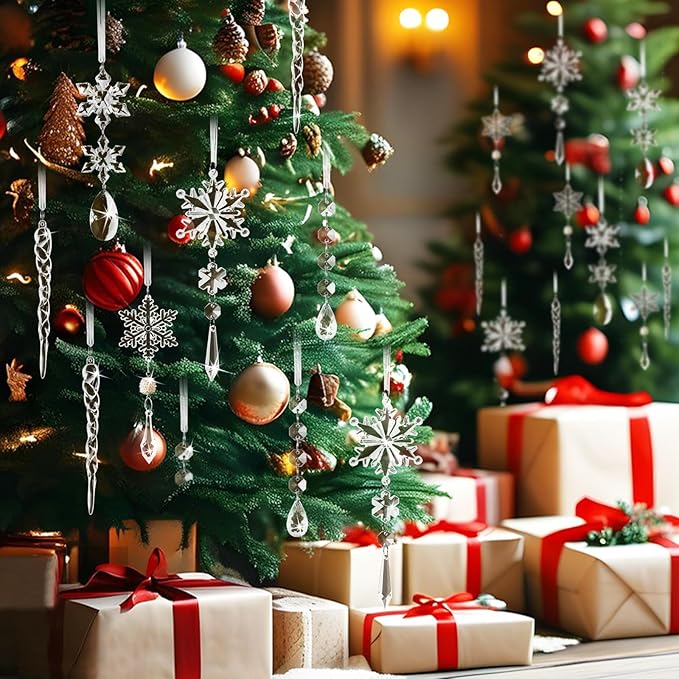 18PCS Clear Christmas Snowflake Icicle Hanging Ornaments Acrylic Crystal Christmas Tree Decorations with Drop Pendants for Xmas Winter Wonderland New Year Party Supplies