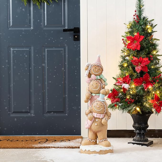 Glitzhome Christmas Front Porch Decor, Macaron Pink Resin Stacked Gingerbread Man Xmas Porch Sign Decoration for Indoor Outdoor Patio Standing Decor, 29.25" H