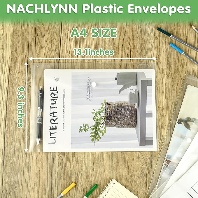 NACHLYNN 48pcs Plastic Envelopes Poly Envelopes with Snap Closure A4 Size Clear Document File Folders Organizers Clear Envelope for School Office Supplies