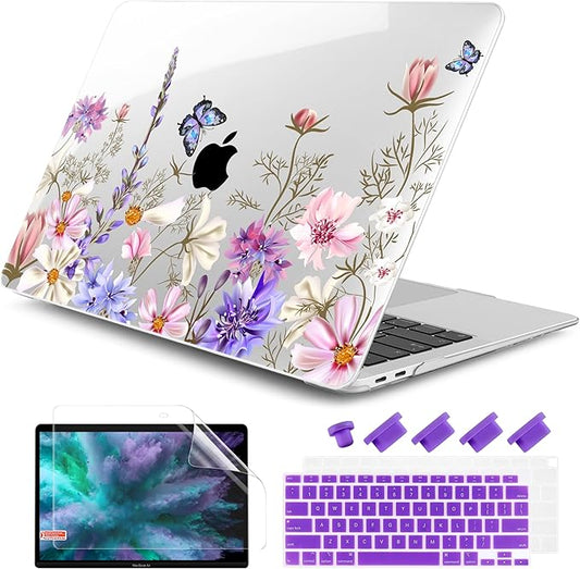 DONGKE Compatible with MacBook Air 13 inch Case 2021 2020 2019 2018 Release A2337 M1 A2179 A1932 with Retina Display & Touch ID, Plastic Hard Shell & Keyboard Cover - Butterfly Florals