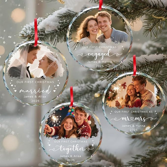 Personalized Our First Christmas Ornaments 2025 with Photo, Custom First Christmas Married Ornament, 1st Xmas Ornament for Together, Engaged, As Mr Mrs, Personalized Xmas Gifts Couple (3.15”)