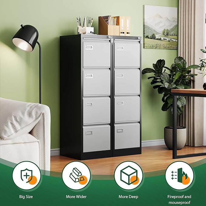 Letaya 4 Drawer File Cabinet with Lock,Metal Office Filing Cabinets for Home Office- Storage A4/F4/Letter/Legal -Assembly Required (Black Grey)