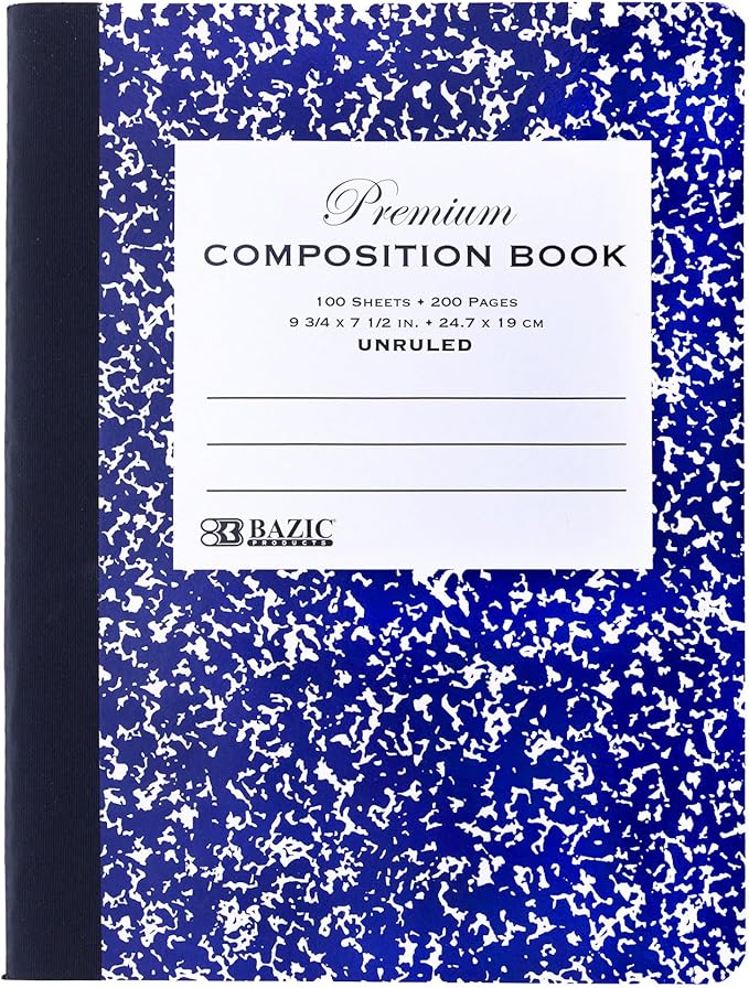 BAZIC Composition Book Blue Marble Unruled Ruled 100 Sheet Notebook, Blank Page Journal Comp Notebooks for School, 48-Pack