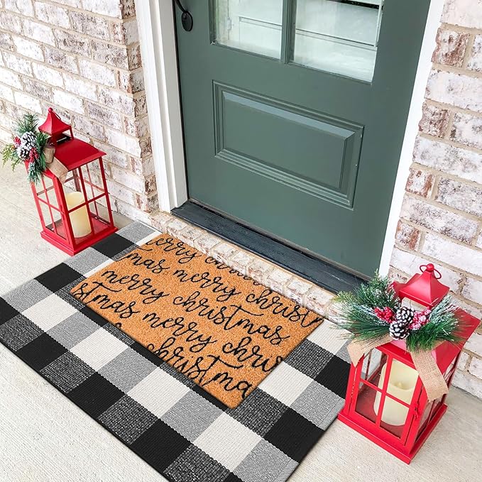 KIMODE Front Door Mat Buffalo Plaid Outdoor Rug 24"x35" Black and White Checkered Rug Farmhouse Front Porch Rug Decor Cotton Woven Washable Layered Doormats for Front Door Outdoor Entrance