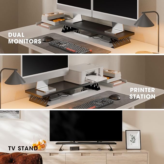 Fenge Monitor Stand Riser, Desk Top Shelf for 2 Monitors, Computer Stands for Desk, Wood & Steel Desktop Riser for Laptop, PC, Printer