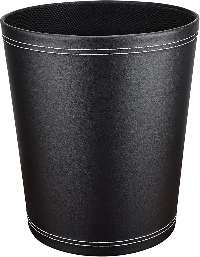 KINGFOM 3 Pack PU Leather Small Office Trash Can Wastebasket, Round Garbage Container Bin for Bathrooms, Powder Rooms, Kitchens, Home, Bedroom, High-Class Hotel, Black
