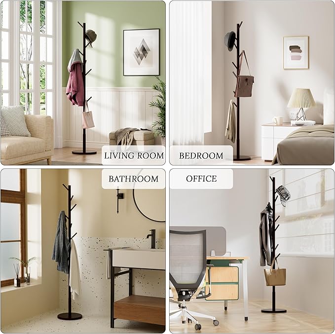 Wooden Freestanding Coat Tree with 4 Height Options and 9 Hooks, Sturdy Coat Rack Stand for Clothes/Bags/Hats, Save Space Coat Rack for Entryway, Bedroom, Office, Narrow Place (Coffee)