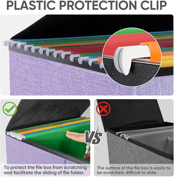 BALEINE File Organizer Box with Lid, Collapsible File Folder Organizer with Plastic Slide, Hanging File Folder Box for Office Document Storage (1 Pack, Purple)