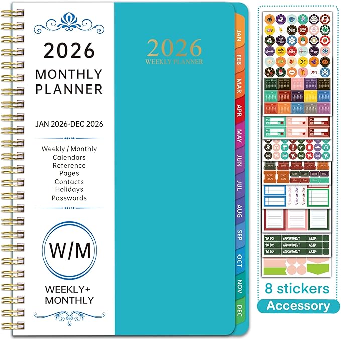 2026 WeeklyMonthlyand Yearly Planning Calendar with 8 Stickers, 6" x 8.25" Planner, Softcover, Spiral Bound, Laminated Labels, Laurel Series (Green)