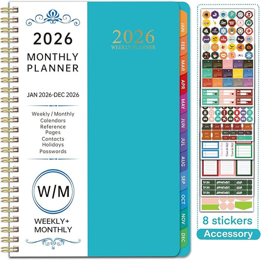 2026 WeeklyMonthlyand Yearly Planning Calendar with 8 Stickers, 6" x 8.25" Planner, Softcover, Spiral Bound, Laminated Labels, Laurel Series (Green)