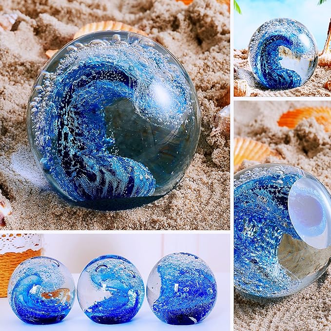 Hand Blown Underwater World of Glass,Office Paperweight Glass for Desk,Home Decor Collectible,Aquarium Decor,Office Decor Ocean Lovers (Ocean Wave)