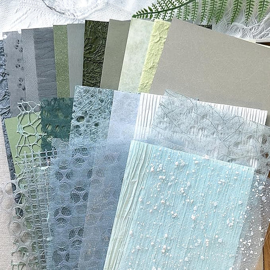 Aromoty 30 sheets A5 Unique Textured Scrapbook Paper&Mesh Fabric set - Handmade Craft Mulberry Special Paper Mix for Scrapbooking Junk Journaling Supplies Card DIY Materials Collage, 5.8x8.2 Inches