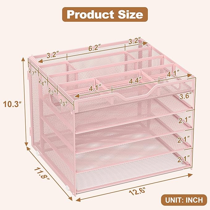 Docnest 5 Tier Letter Tray with Hanging File Organizer-Mesh Desk Organizer-Desktop Storage Box Built in Pen Holder and Handles, File Folder Holder for Mail Documents Office Supplies-Pink