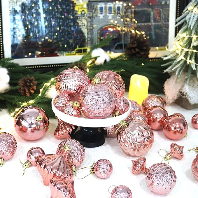 Senjie 36pcs Rose Gold Christmas Ornaments Set: Eclectic Classic, Shatterproof Plastic Balls with Hanging Loops for Christmas, Halloween, Anniversary, Wedding