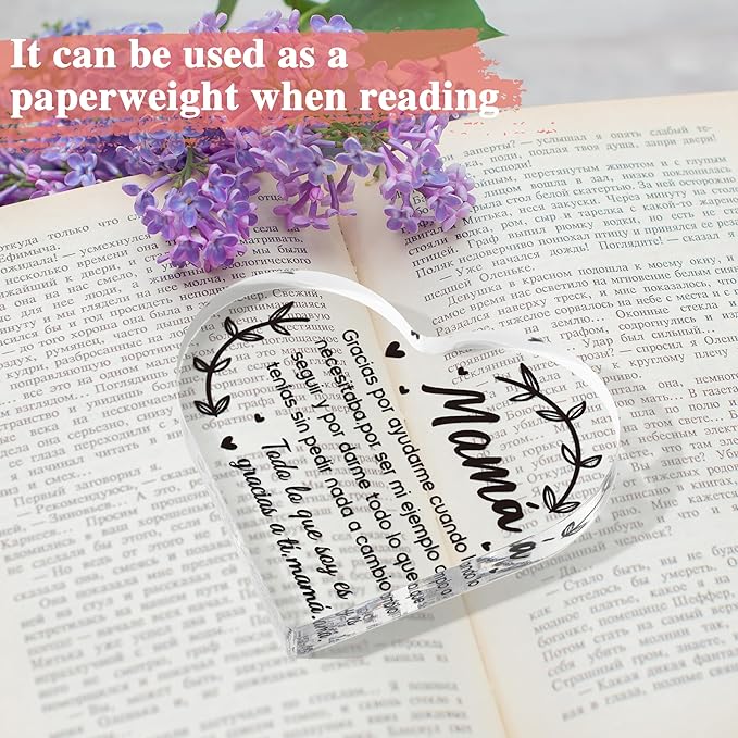 Yopyame Spanish Mom Acrylic Gifts - Regalos para Mamá Heart Acrylic Plaque for Office Deck Decor Ideas Keepsake Paperweight for Mom in Spanish Mother's Day Christmas Gifts for Mamá from Daughter Son