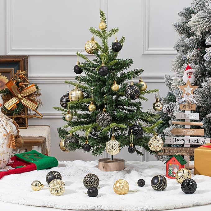 100ct Black and Gold Christmas Ornaments Set, Shatterproof Xmas Tree Ornaments Decorations Collection, Hanging Plastic Christmas Balls for Holiday Party Wedding (Black&Gold)