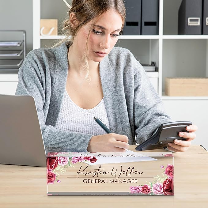 Personalized Name Plate for Desk, Custom Desk Name Plate, Acrylic Name Plate Office Desk Accessories, Personalized Office Gifts for Coworkers Teachers, Employee Appreciation Gifts (A-Rose)