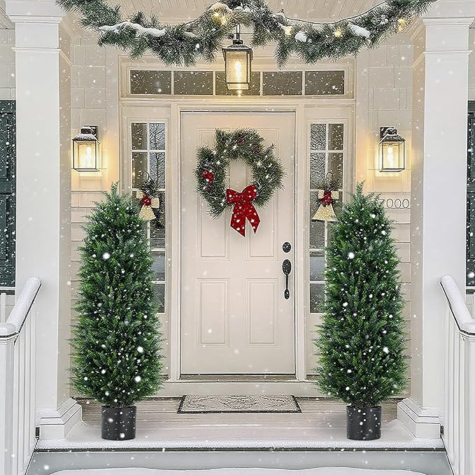 Artificial Cedar Trees 5FT, UV Resistant Faux Tree Potted Plants with Trunk 59in Fake Cypress Tree for Indoor Outdoor Garden Decor-2pack