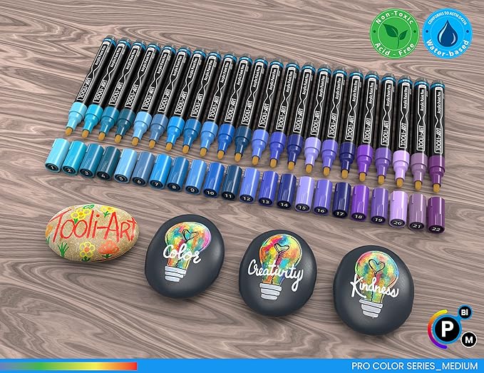 TOOLI-ART 22 Acrylic Paint Markers Paint Pens Pro Color Series Set 3mm Medium Tip for Rock Painting, Glass, Mugs, Wood, Metal, Glass Paint, Canvas, DIY. Non Toxic, Waterbased, Quick Drying (BLUES)