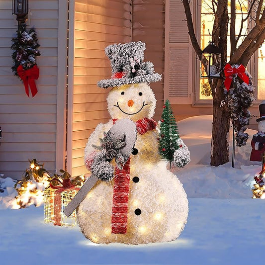 LuxenHome 3FT Lighted Snowman Outdoor Christmas Decorations, Battery Operated Frosted Snowman Christmas Decor with 40 LED Light, Xmas Decorations Outdoor, Indoor for Porch, Lawn Holiday Display