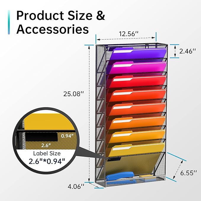 10 Tier Wall File Organizer, Hanging Wall Mount File Holder Paper Folder Mail Organizer, Mesh Metal, Black 2Pack