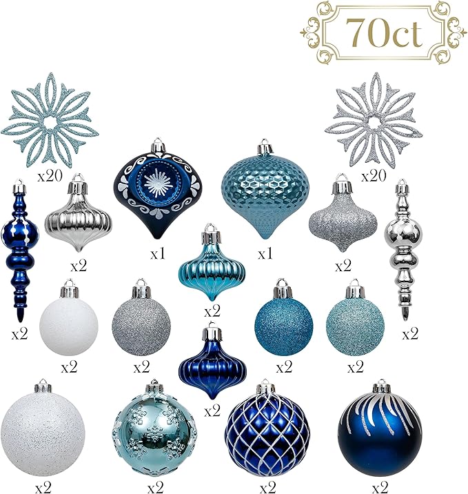 Valery Madelyn Christmas Ornaments Set, 70ct Navy Blue and Silver Shatterproof Christmas Tree Decorations Ball Ornaments Bulk, Winter Wonderland Hanging Ornaments for Xmas Trees Holiday Decor