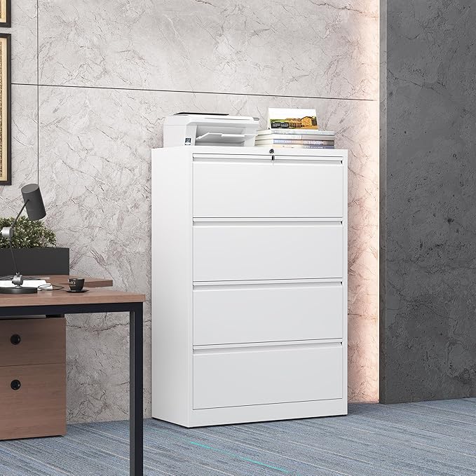 4 Drawer Lateral File Cabinet with Lock, Metal File Cabinets for Home Office, Steel Heavy-Duty Filing Storage Cabinet for Letters/Legal/A4 (Require Assembly, White)