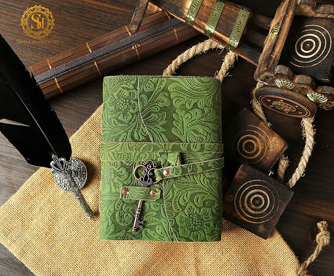 SH SHIFAA HANDICRAFT Leather Journal - Antique Handmade Deckle Edge Vintage Paper Leather Bound Journal - Book of Shadows Journal - Leather Sketchbook - Drawing Journal - Great Gift (Green) (10x7)