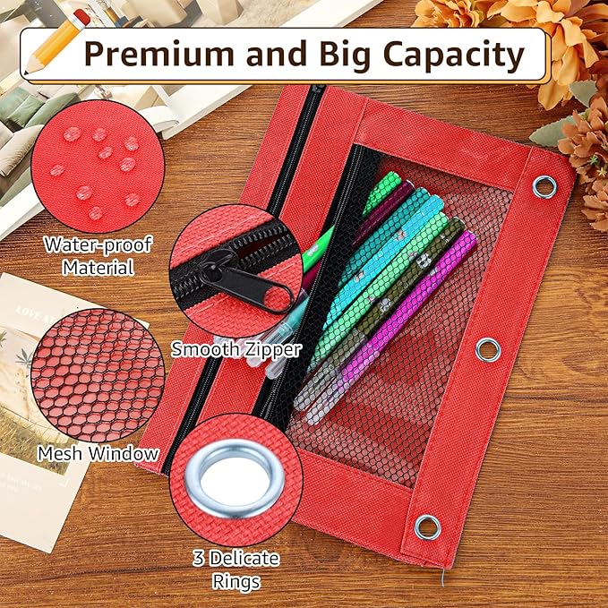 SHUESS 24 Pack Pencil Pouch for 3 Ring Binder, Bulk 3 Holes Zipper Pencil Pouches in 6 Assorted Colors, Durable Binder Pencil Pouch/Bag for Office Supplies