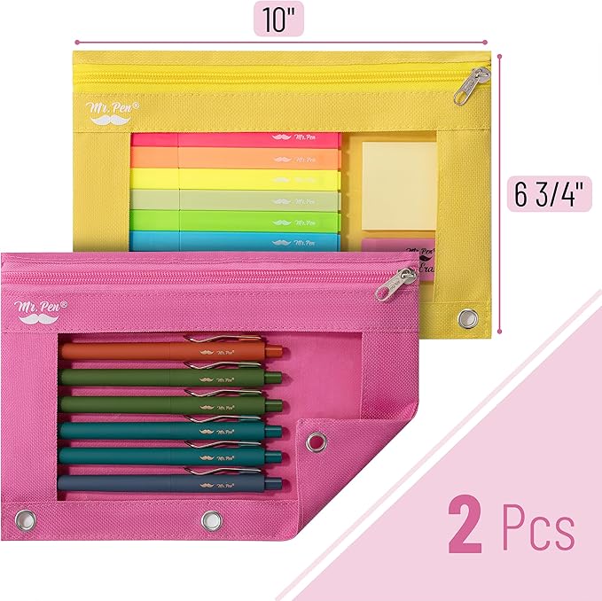 Mr. Pen- 2 Pack Pencil Cases, Pink and Yellow Flat Zipper Pouch for 3 Ring Binder