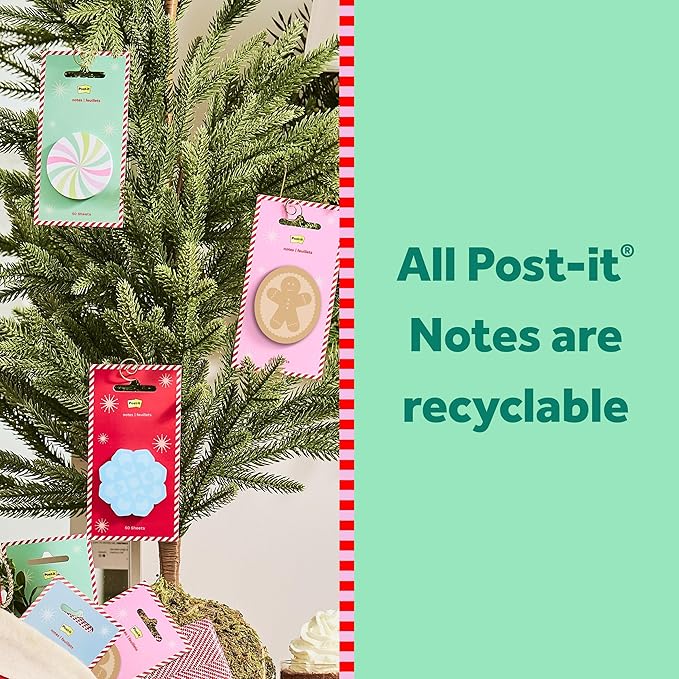 Post-it Jingle Sticky Notes, Christmas Tree Design, 2 in. x 2.5 in., 1 Holiday Tree-Shaped Christmas Themed Cute Sticky Note Pad with 50 Sheets
