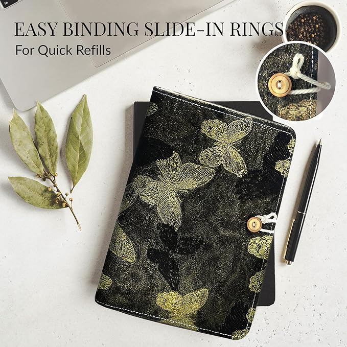 Refillable A5 Loose Leaf Hardcover Notebook, Luxury Gleaming Embroidered Butterfly Black & Gold 6-Ring Planner with Grid Pages, Deluxe Hardcover Gift Set Journal for Study, Work.