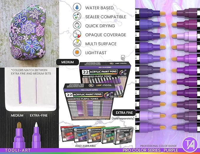 TOOLI-ART 22 Acrylic Paint Markers Paint Pens Pro Color Series Set 3mm Medium Tip for Rock Painting, Glass, Mugs, Wood, Metal, Glass Paint, Canvas, DIY. Non Toxic, Waterbased, Quick Drying (PURPLE)