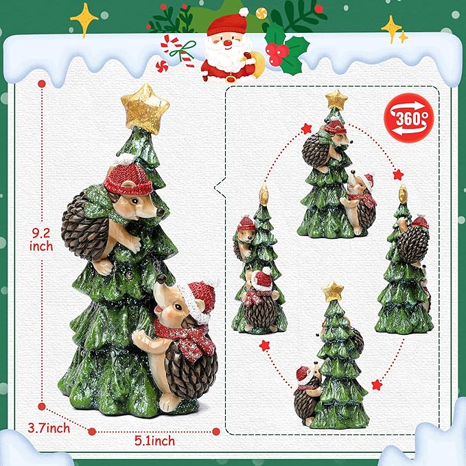 Christmas Hedgehog Statue with Lights for Christmas Decorations Indoor, Christmas Tree Hedgehog Figurine for Home Decor, Winter Xmas Holiday Decor for Table Shelf Mantle Fireplace,Xmas New Year Gifts