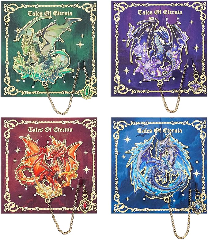 Fantasy Fourth Wings Dragon Bookmarks -4 Designs: Fire Red,Ice Blue,Thunder Purple,Forest Green-Unique Cool Metal Book Marks for Men Women, Inspirational Gift for Kid, Readers, Book Lovers, Collectors