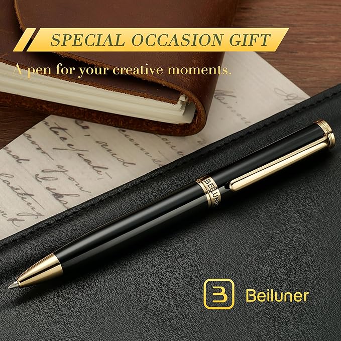 BEILUNER Luxury Gel Pen with 24K Gold Finish, Black Piano Lacquer, Luxury Grade Craftsmanship, Best Pen Gift Set for Men and Women, Professional, Executive, Office, Retractable Nice Pens
