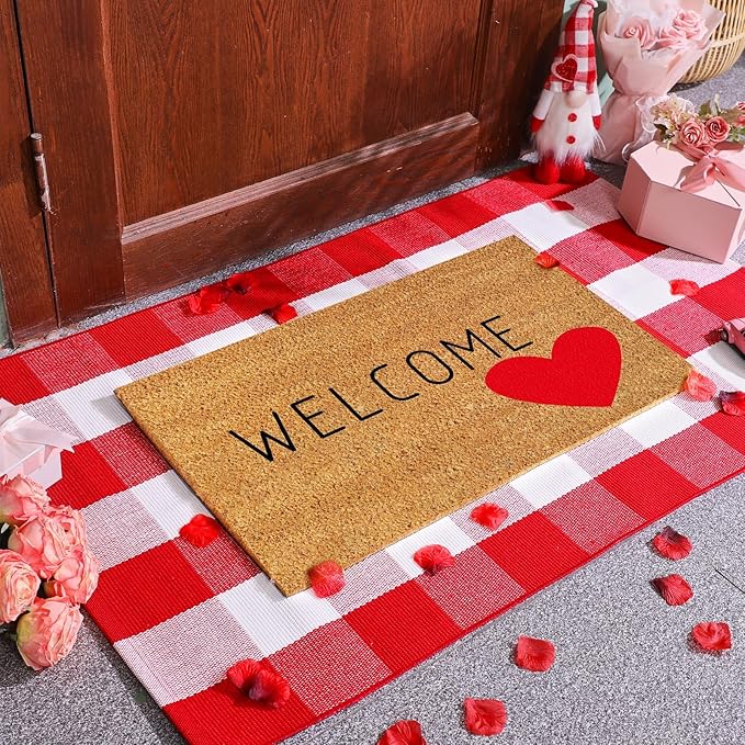 2 Pcs Valentine's Day Coir Welcome Doormat Valentine's Day Rug Outdoor Layered Buffalo Plaid Red and White Mat Red Heart Mat for Front Porch Entryway Outdoor