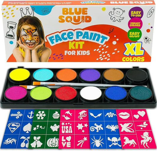 Blue Squid Face Painting Kit for Kids – Complete Face Paint Kit Palette, Stencils, 12 Colors - Safe for Sensitive Skin, Non Toxic Face Painting Kit Professional - Kids Party & Halloween Makeup Kit