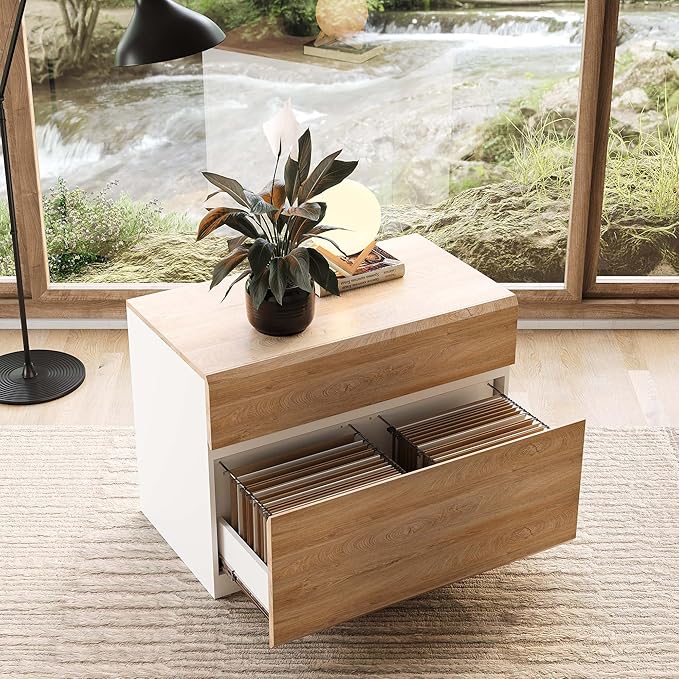 2 Drawer Lateral File Cabinet, 31W*23H Wood Filing Cabinet with Anti-tilt Mechanism, Home Office Storage Filing for Letter, A4 & Legal Size, Light Walnut