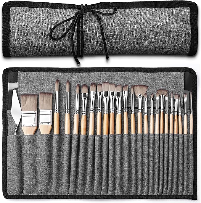 Acrylic Paint Brush Set, Golden Maple 25 PCS Paint Brushes for Acrylic Painting Oil Watercolor & Canvas,Enhanced Synthetic Brush Set with Cloth Roll and Palette Knife