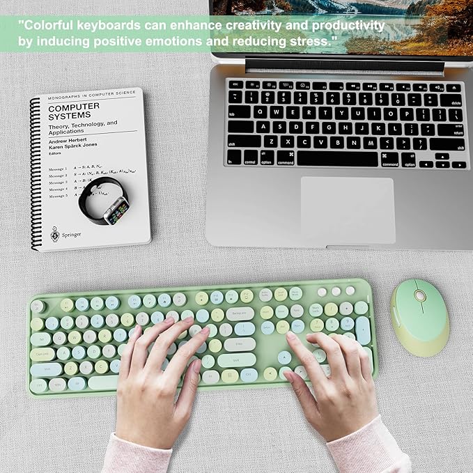 Wireless Keyboard and Mouse Combo, Ergonomic Full Size Typewriter Retro Round Keycaps Keyboard, Compatible with Windows, PC, Perfer for Home and Office Keyboards (Green