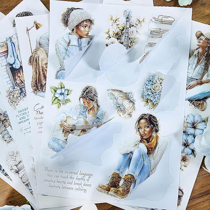 Snycler Blue Gold Symphony Theme Sticker Scrapbooking Supplies for Junk Journal, 20 Sheets PET Stickers - Vintage Journaling Stickers, Ephemera Sticker Book Pre Cut, Planner, Junk Journal Supplies