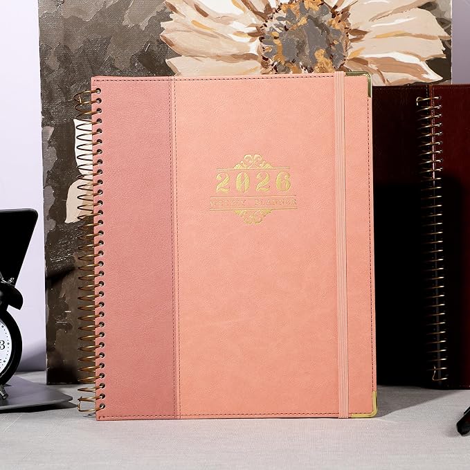 2026 Planner, Weekly and Monthly Calendar Planner Book,Dec 2025 - Dec 2026, Leather Hardcover Spiral Planner with Monthly Tabs, Notes Pages, Perfect for Women & Men, A4 (9.6" x 11.2") - Pink