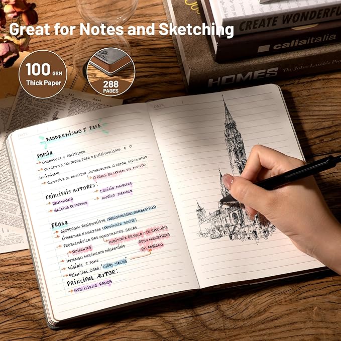 CAGIE Compass Leather Notebook Journal for Men, 100 GSM 288 Pages Lined Journals for Writing, A5 Hardcover Journaling Notebooks Gift Set with Pen for Travel Office Daily Writing