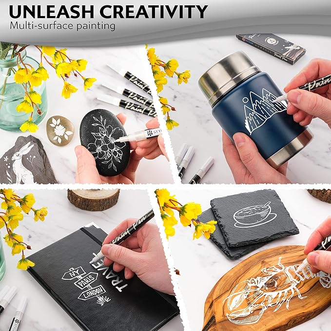 Stylo 8 Count Acrylic Metallic Pens - White Paint Pens - Fine Tip Permanent Acrylic Metallic Paint Markers for Rock Painting, Glass, Wood, Ideal for Arts and Crafts (Pack of 8, White)