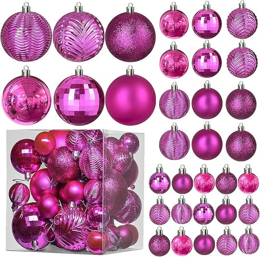 Prextex 36-Pieces Fuchsia Pink Christmas Ornaments Set - Shatterproof, Festive Christmas Balls Decorations in 3 Sizes and 6 Styles with Hanging Loops for Tree, Wreath, and Dazzling Holiday Party Decor