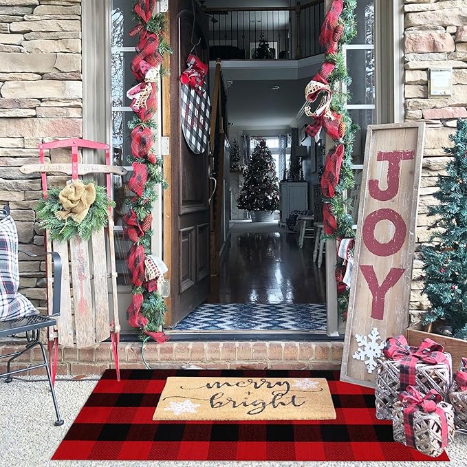 Christmas Plaid Outdoor Rug, 2' x 4'3'' Red & Black Check Indoor/Outdoor Area Rug, Layering Rug for Hello/Welcome Door Mat, Machine Washable Cotton Woven Rug for Farmhouse Front Porch, Entryway